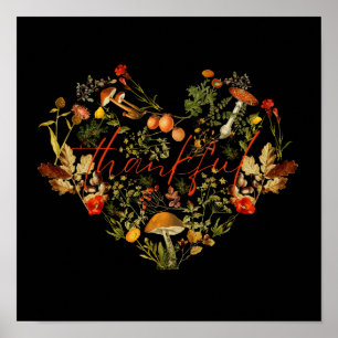 Botanical Floral Thankful Black Mushrooms  Poster