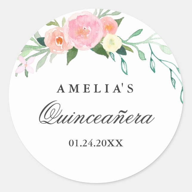 Botanical Floral Watercolor Quinceanera Sticker (Front)