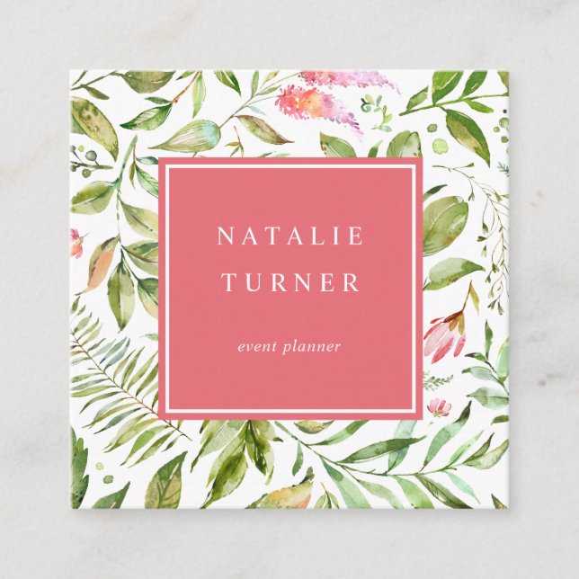 Botanical Floral Watercolor Square Business Card (Front)