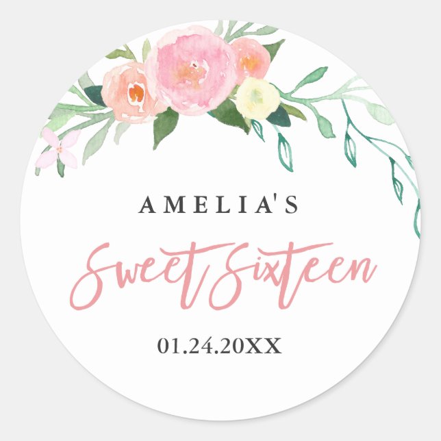 Botanical Floral Watercolor Sweet Sixteen Sticker (Front)