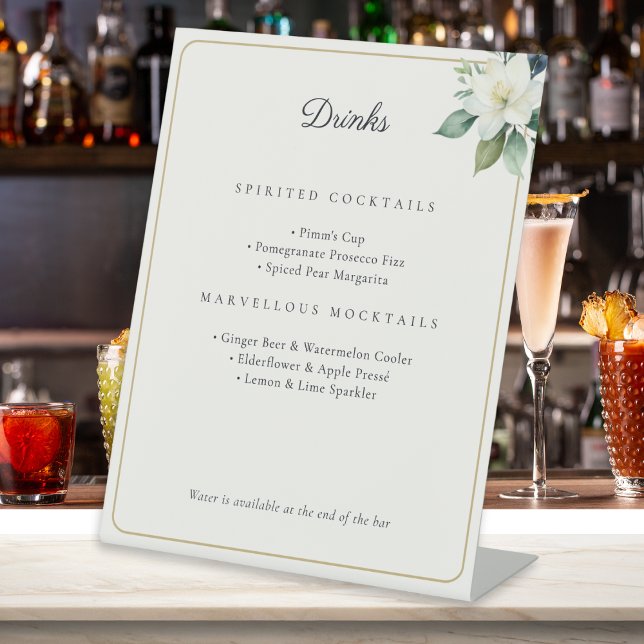 Botanical Floral Wedding Bar Cocktails & Mocktails Pedestal Sign (A customizable wedding drinks menu in classic ivory with floral motif and elegant typography)