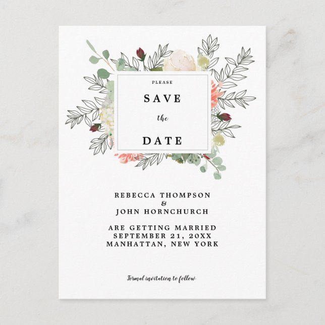 botanical floral wedding save the date card (Front)