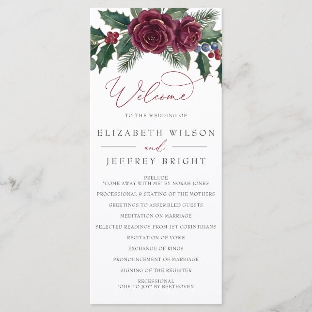 Botanical Floral Winter Christmas Wedding Programme (Front)