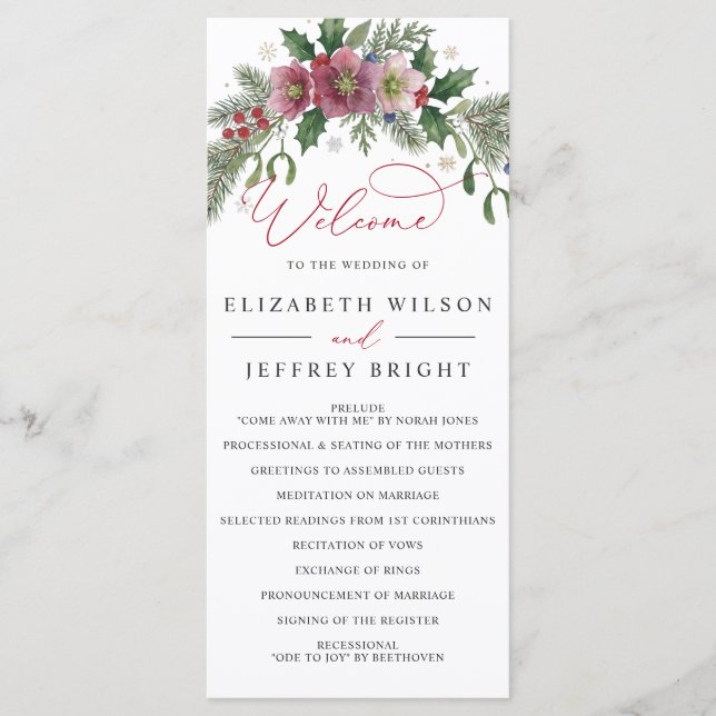 Botanical Floral Winter Christmas Wedding Programme (Front)