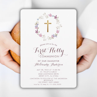 Botanical Floral  Wreath First Holly Communion Invitation