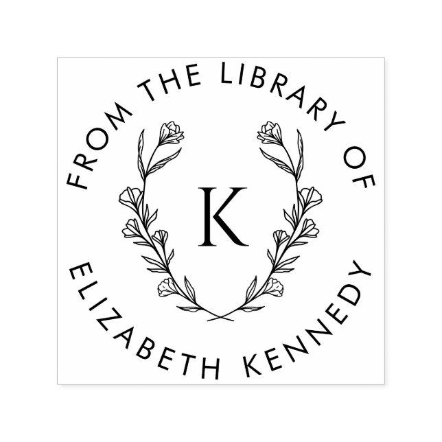 Botanical Floral Wreath Initial Round Library Self-inking Stamp (Design)