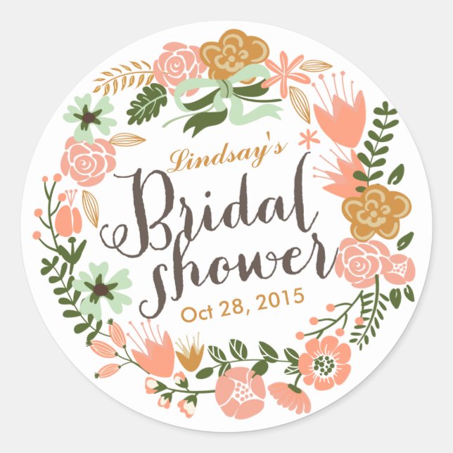 Botanical Floral Wreath Personalised Bridal Shower Classic Round Sticker (Front)