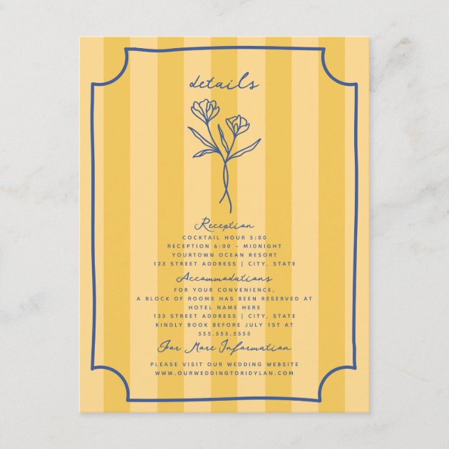 Botanical Floral Yellow Stripe Wedding Details Enclosure Card (Front)