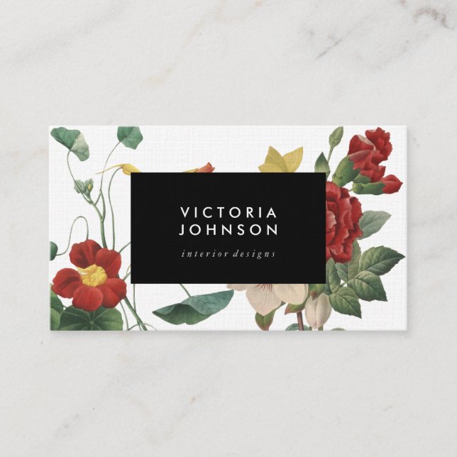Botanical flower black frame business card (Front)