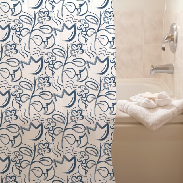 Botanical Flower Blue Floral Pattern Shower Curtain (Creator Uploaded)