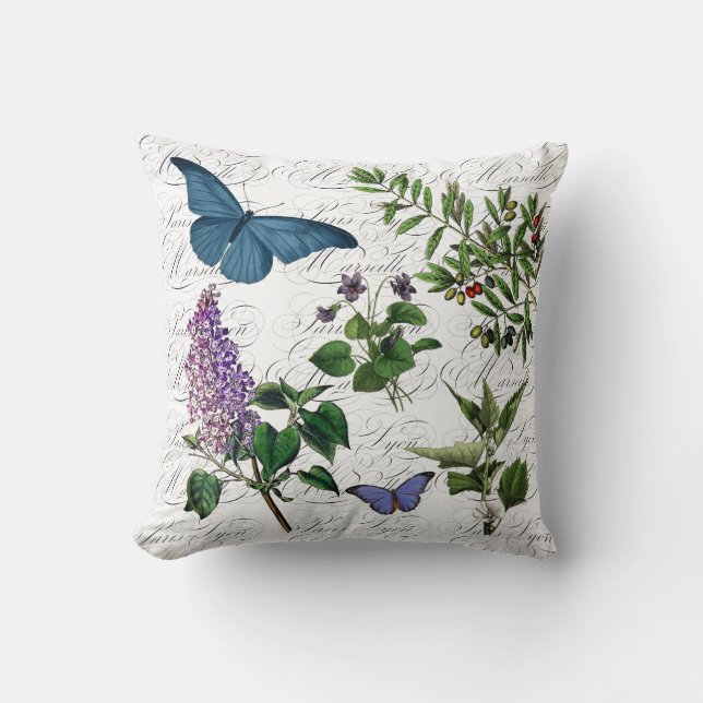 Botanical Flower Butterfly Print French Typography Cushion (Front)