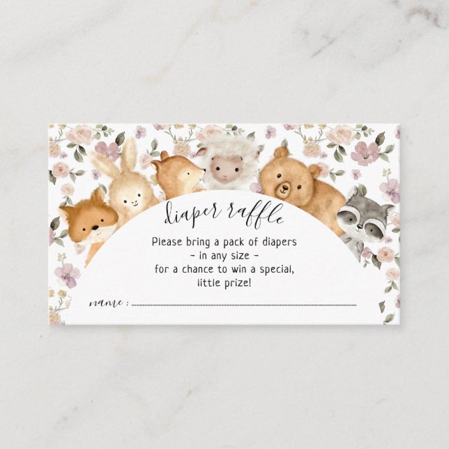 Botanical Flower Forest Baby Animals Diaper Raffle Enclosure Card (Front)