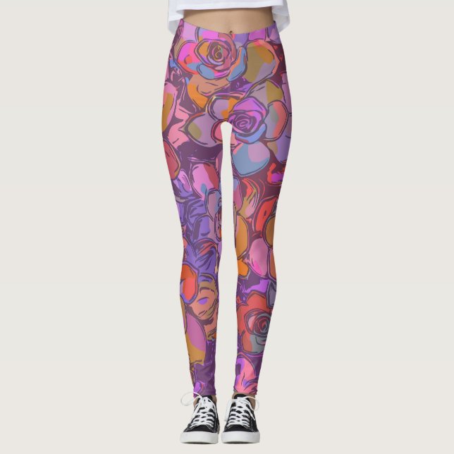 Botanical Flower Illustration Pattern in Purple Leggings (Front)