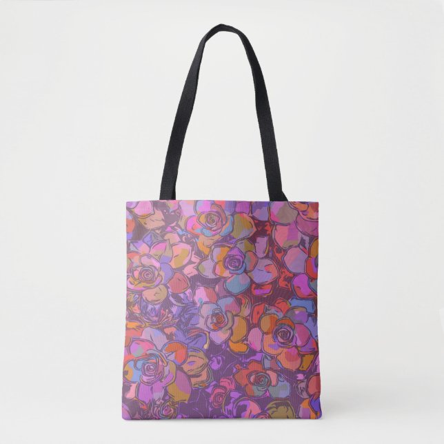 Botanical Flower Illustration Pattern in Purple Tote Bag (Front)