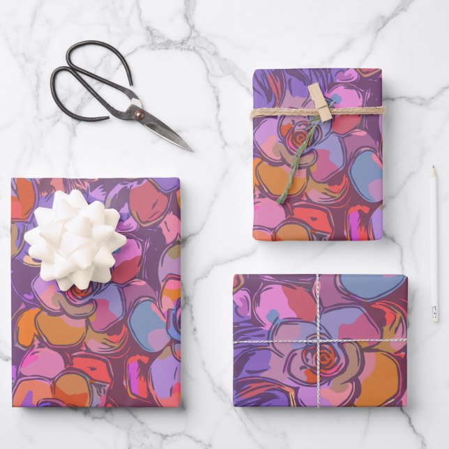 Botanical Flower Illustration Pattern in Purple  Wrapping Paper Sheet (Front)