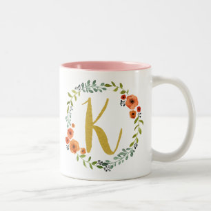 Botanical Flower Wreath Gold Monogram Initial K Two-Tone Coffee Mug
