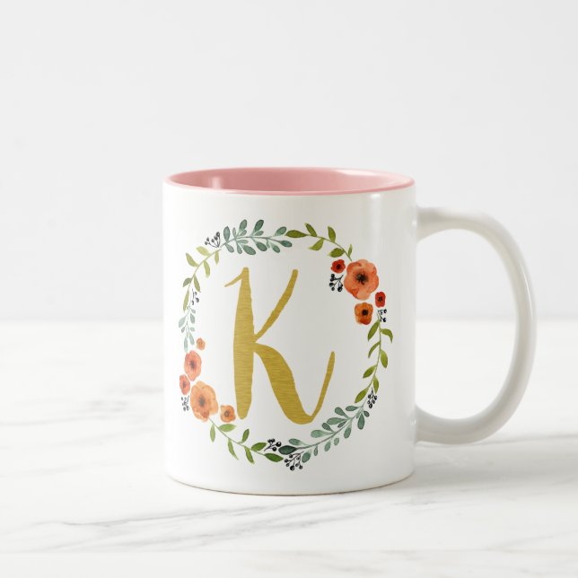 Botanical Flower Wreath Gold Monogram Initial K Two-Tone Coffee Mug (Right)