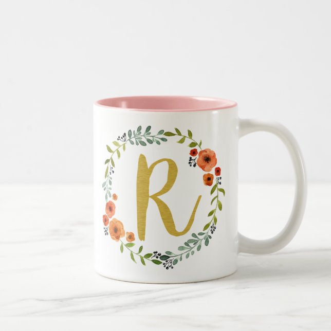 Botanical Flower Wreath Gold Monogram Initial R Two-Tone Coffee Mug (Right)