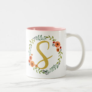 Botanical Flower Wreath Gold Monogram Initial S Two-Tone Coffee Mug