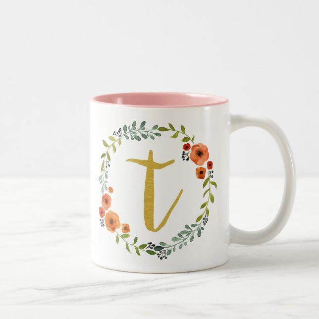 Botanical Flower Wreath Gold Monogram Initial T Two-Tone Coffee Mug (Right)