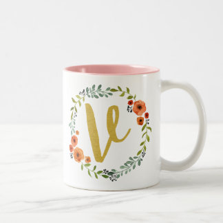 Botanical Flower Wreath Gold Monogram Initial V Two-Tone Coffee Mug