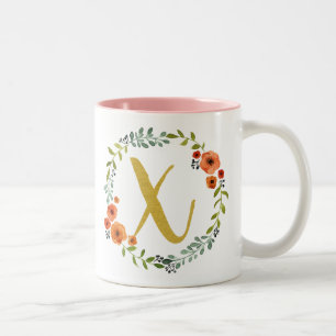 Botanical Flower Wreath Gold Monogram Initial X Two-Tone Coffee Mug
