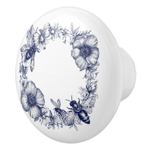 Botanical Flowers Bees Wreath Ceramic Knob