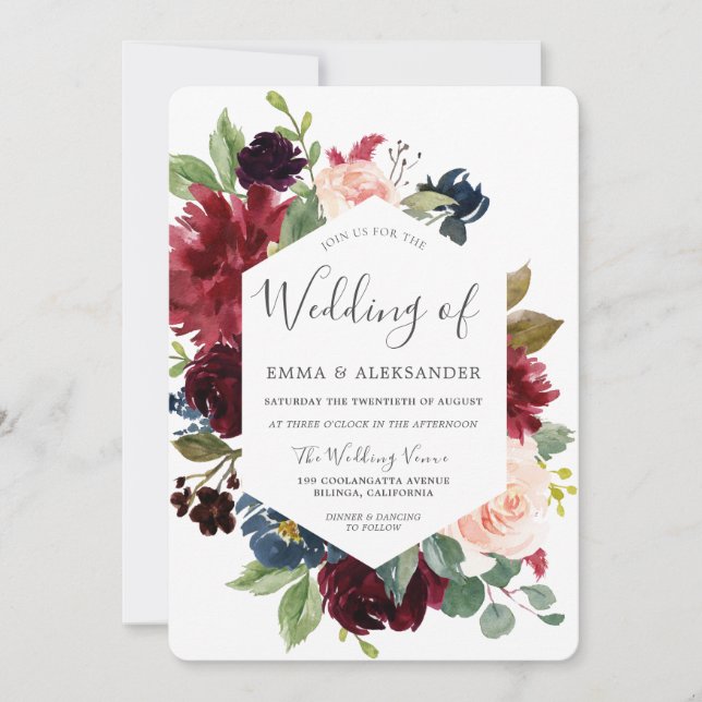 Botanical Flowers Burgundy Red Wedding Invitation (Front)