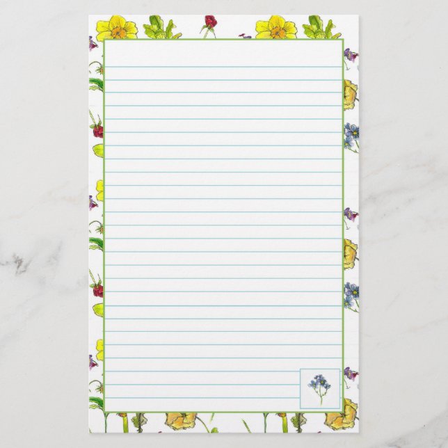 Botanical Flowers Daffodils Pansies Lined Stationery (Front)