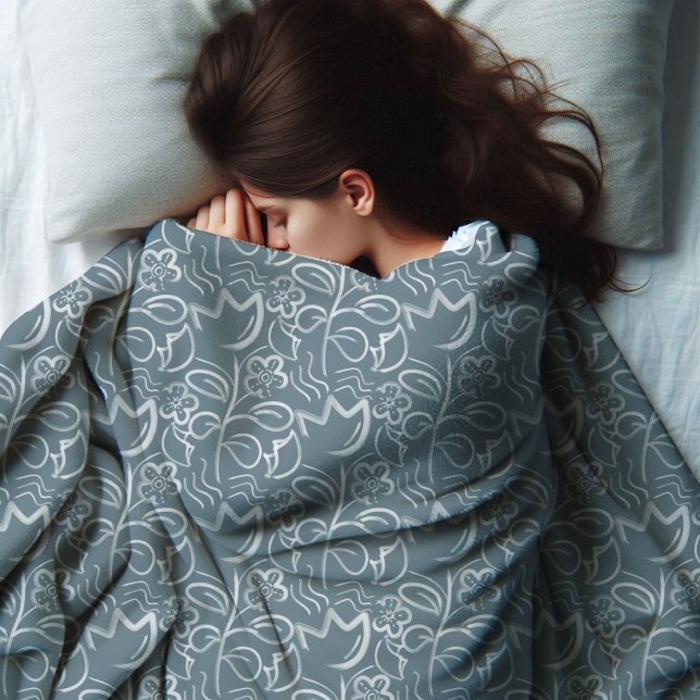 Botanical Flowers Slate Grey White Floral Pattern  Fleece Blanket (Creator Uploaded)