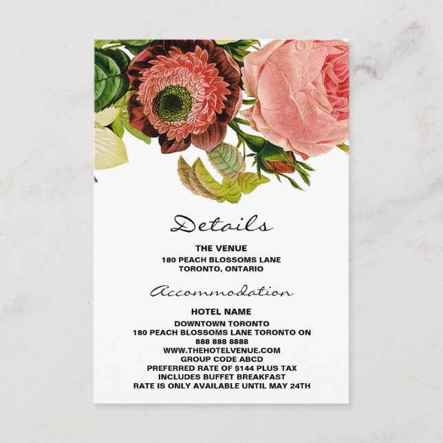 Botanical Flowers Vintage Wedding Details Enclosure Card (Front)
