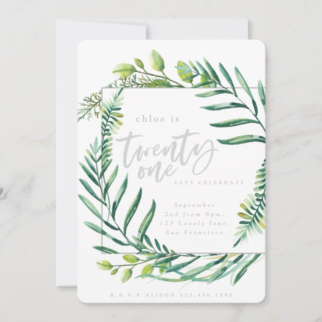 Botanical foliage 21st birthday photo invitation (Front)
