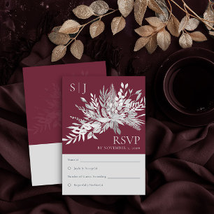 Botanical Foliage Burgundy Monogram Wedding RSVP Card
