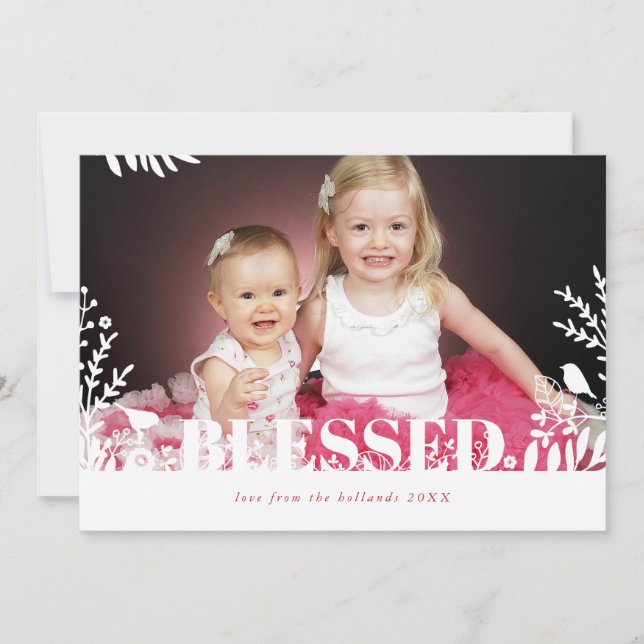 BOTANICAL FOLIAGE CHRISTMAS hand drawn leaves bird Holiday Card (Front)