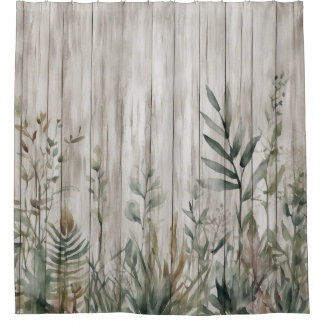 Botanical Foliage Farmhouse Barn Wood look Shower Curtain