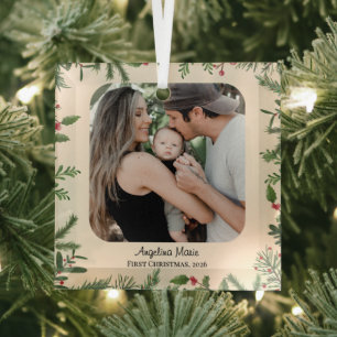 Botanical Foliage Frame Baby First Christmas Photo Glass Tree Decoration