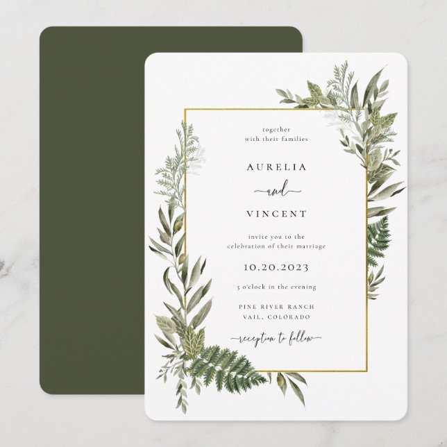 Botanical Foliage Frame Olive Green Wedding Invita Invitation (Front/Back)