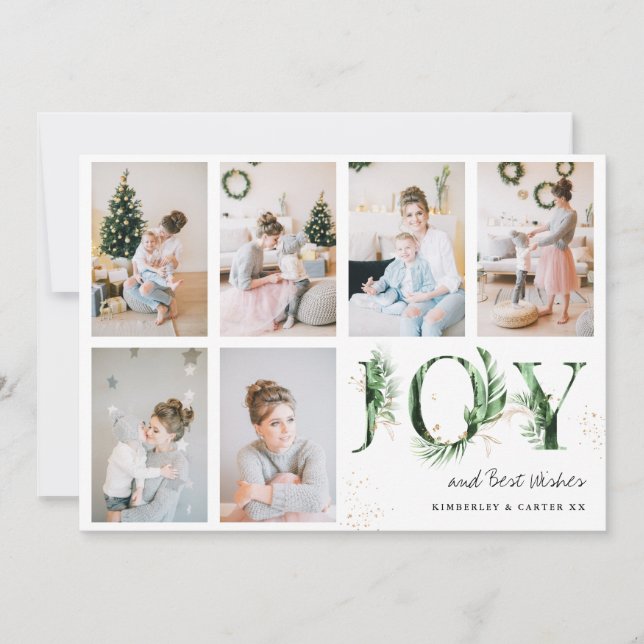 Botanical Foliage & Gold JOY Photo Grid Christmas Holiday Card (Front)