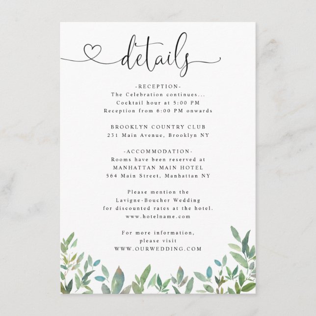 Botanical Foliage Greenery Heart Wedding Details Enclosure Card (Front)