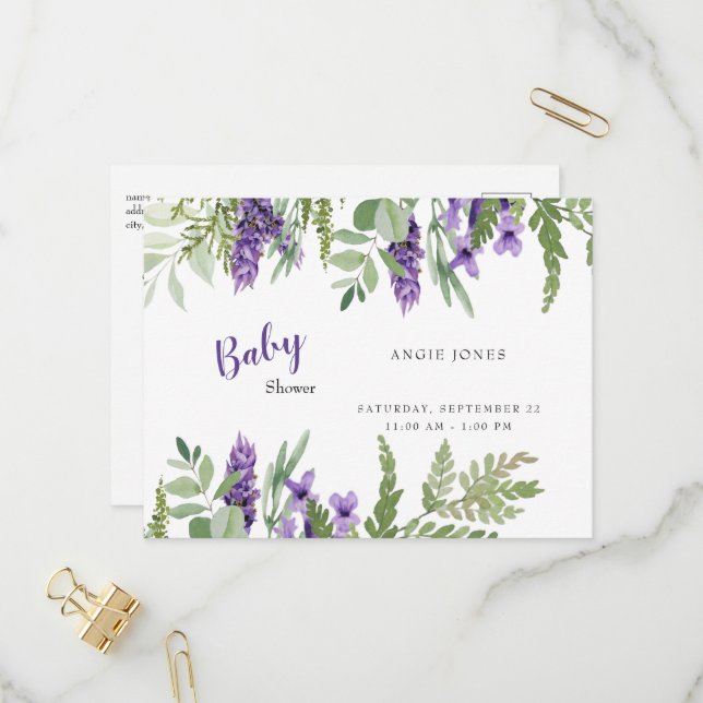 Botanical Foliage Lavender Baby Shower  Invitation (Front/Back In Situ)