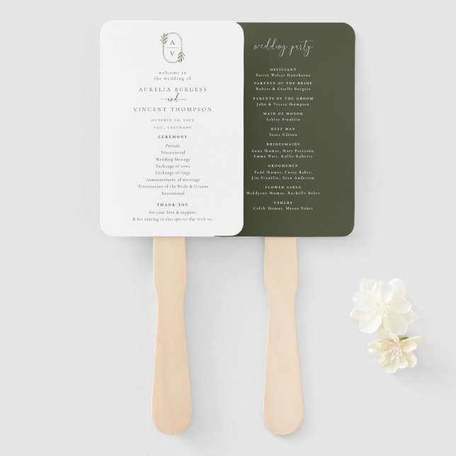 Botanical Foliage Monogram Wedding Program Hand Fan (Front and Back)