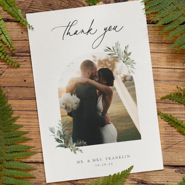 Botanical Foliage Olive Green Wedding Photo Thank You Card (Creator Uploaded)