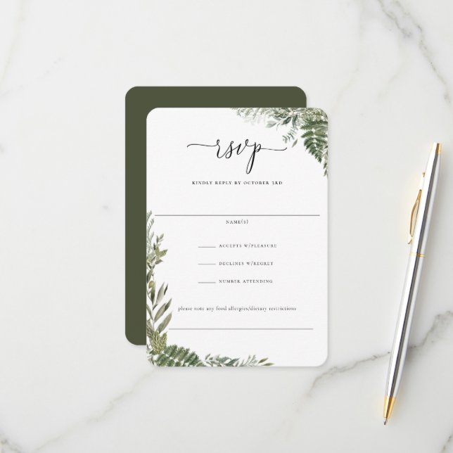 Botanical Foliage Olive Green Wedding RSVP Card (Front/Back In Situ)