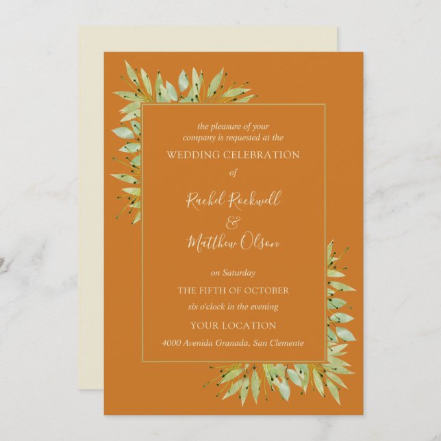 Botanical Foliage on Ochre Wedding Invitations (Front/Back)