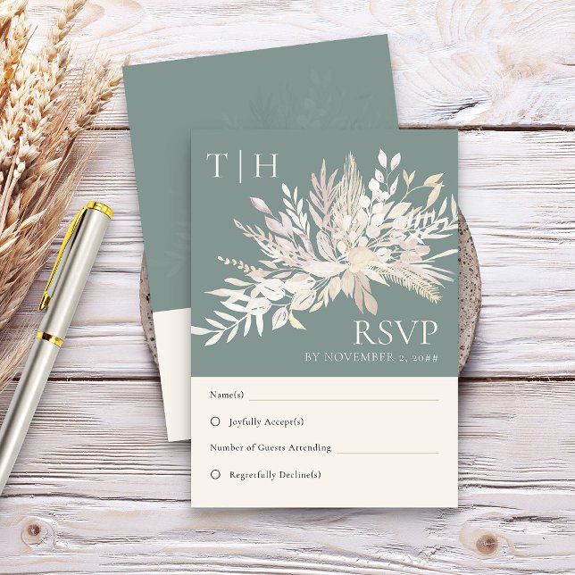 Botanical Foliage Sage Green Monogram Wedding RSVP Card (Sage Green Elegant RSVP card  - Foliage Duet wedding collection)