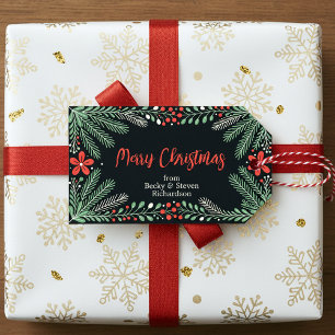 Botanical Folk Art Black Green Red Merry Christmas Gift Tags