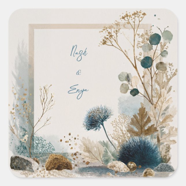 Botanical Folk Art Blue & Earth Wedding Square Sticker (Front)