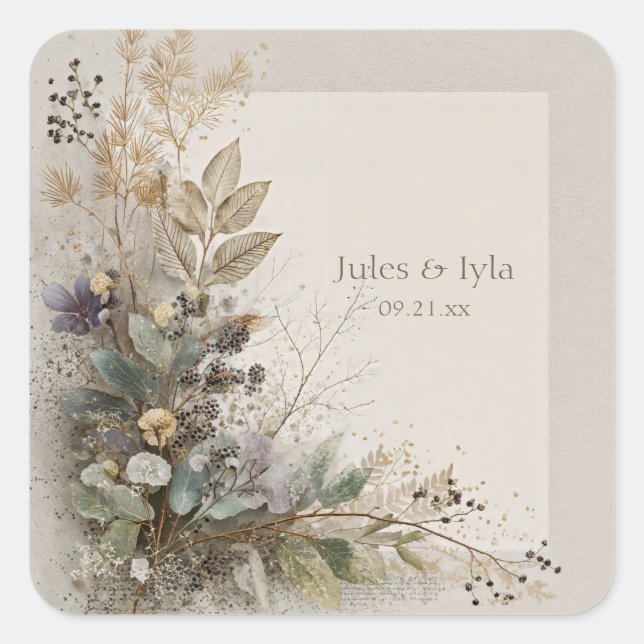 Botanical Folk Art Wedding  Square Sticker (Front)