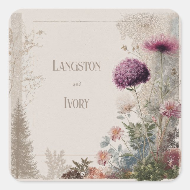Botanical Folk Art Wildflower Wedding  Square Sticker (Front)
