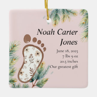Botanical Footprint Blush Pink First Christmas Ceramic Ornament